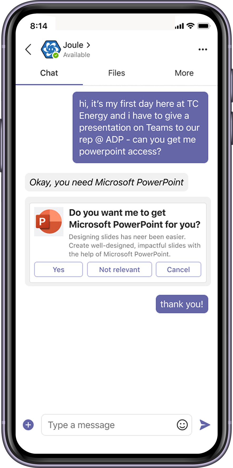 TC Energy with Moveworks chat screen