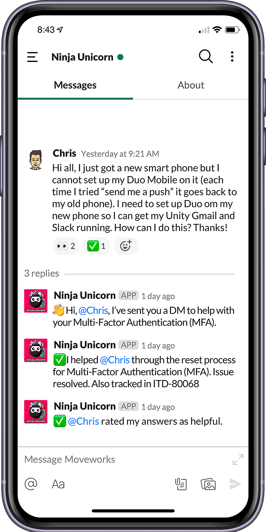 Unity with Moveworks chat screen