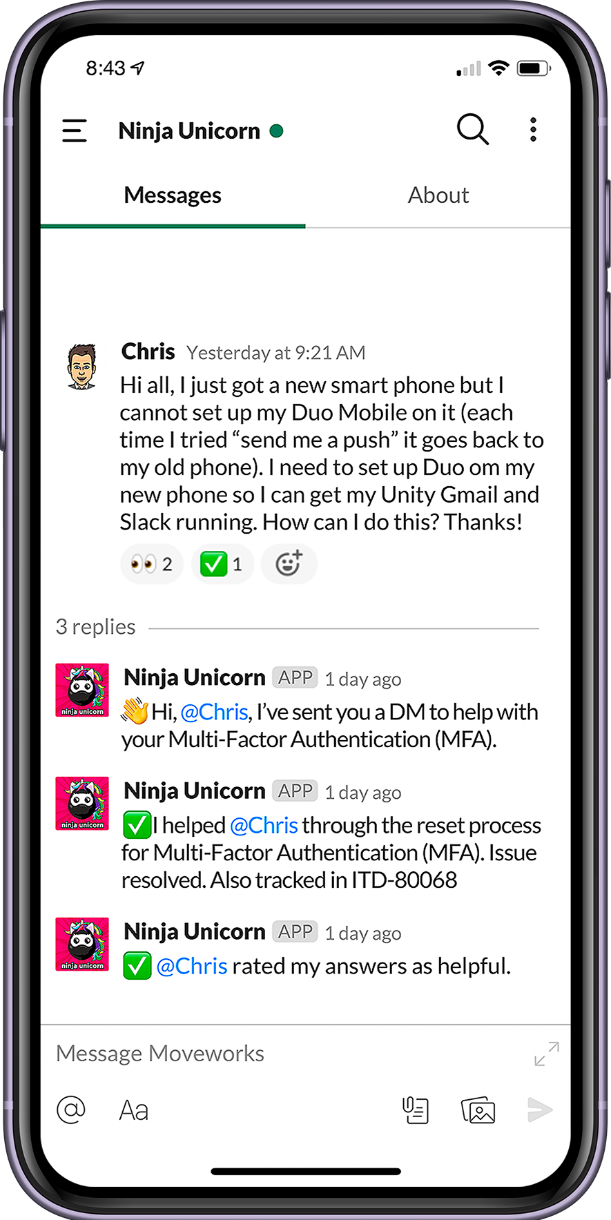 Unity with Moveworks chat screen