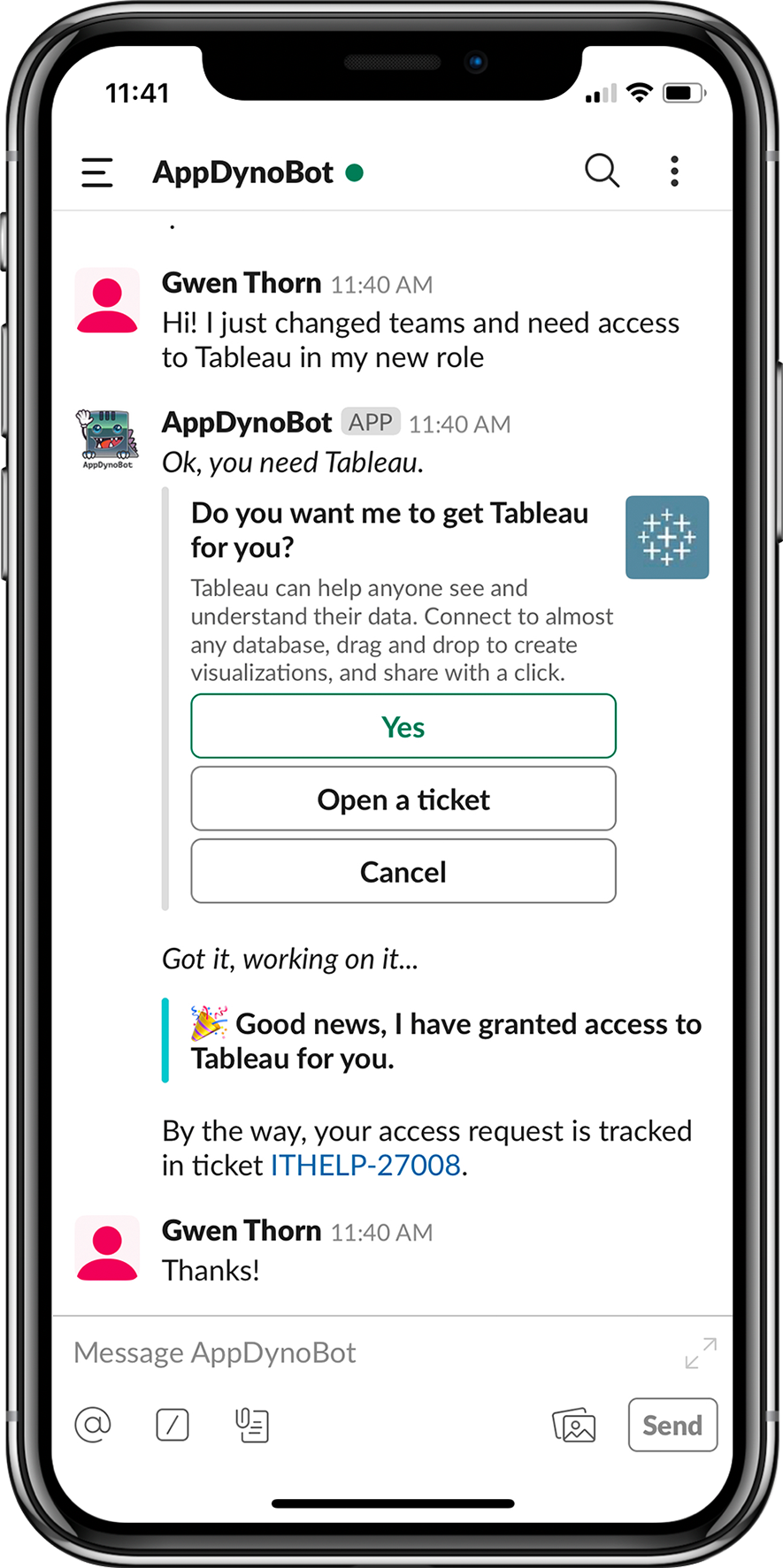 AppDynamics with Moveworks chat screen