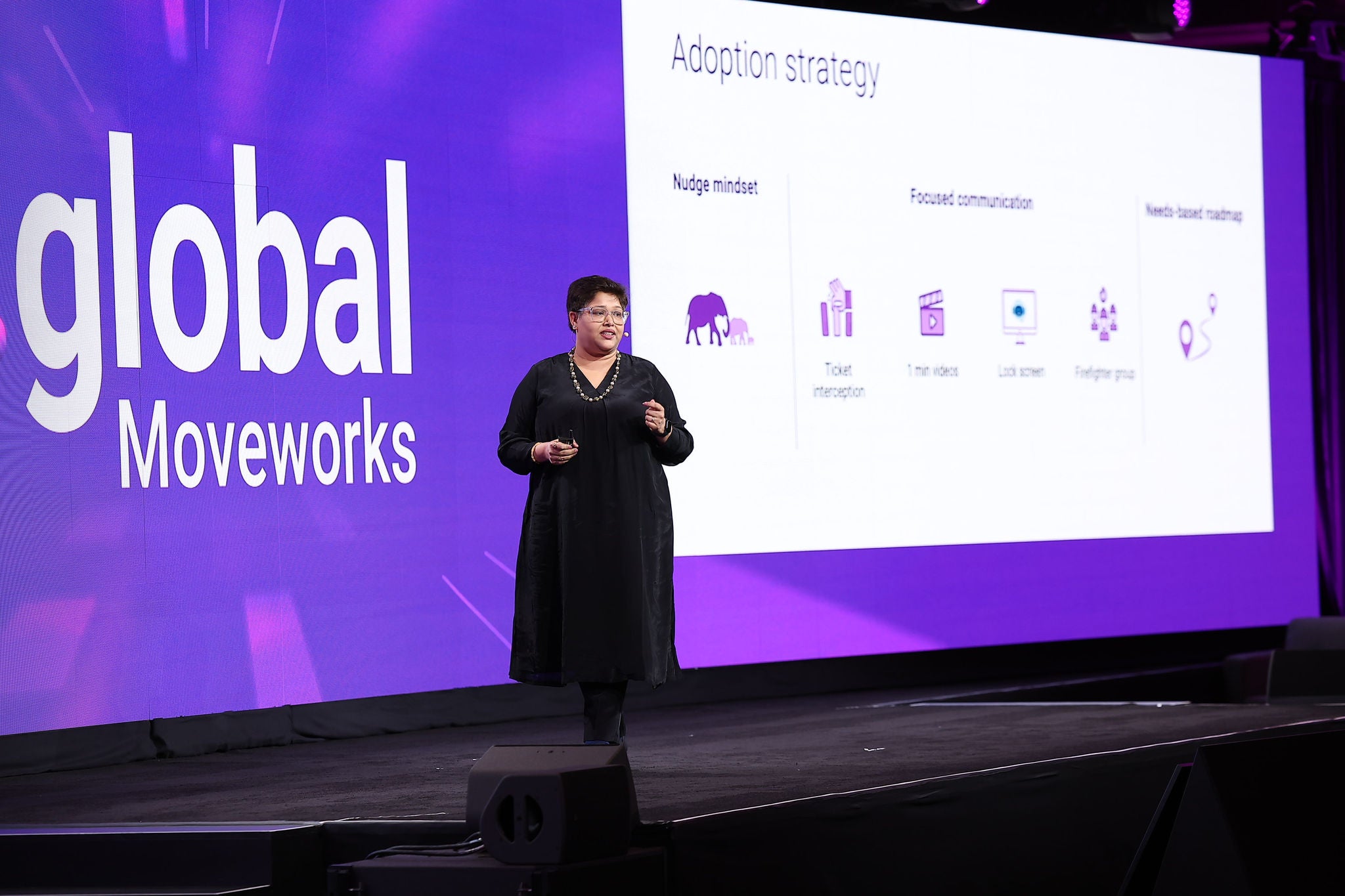 Malabika Mukherjee of AkzoNobel sharing her AI adoption strategies at Moveworks.global 2024.