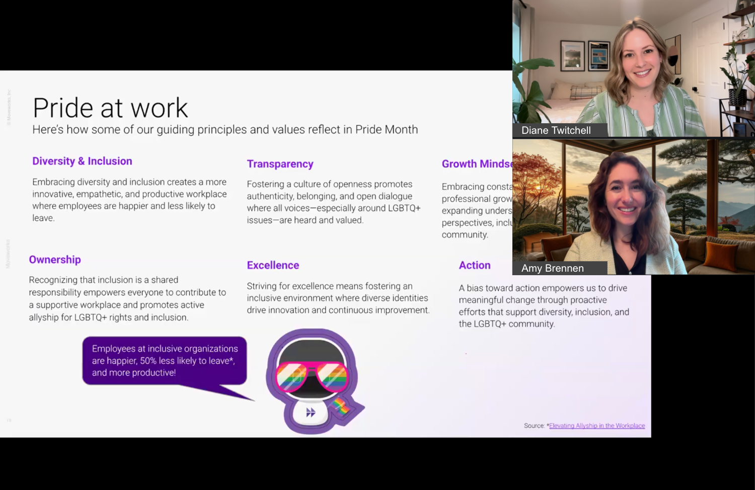 Amy Brennen (she/her) and Diane Twitchell (she/her) present at Moveworks Pride celebration.