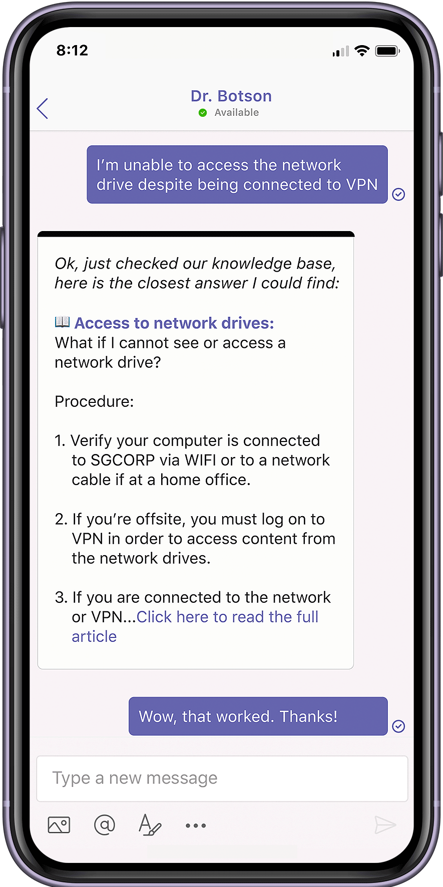 Seagen with Moveworks chat screen