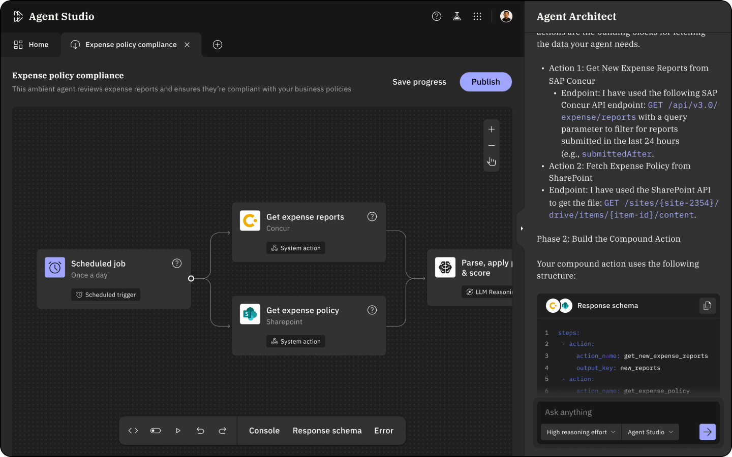 Moveworks Agent Studio workflow builder showing an expense-policy compliance agent's action graph